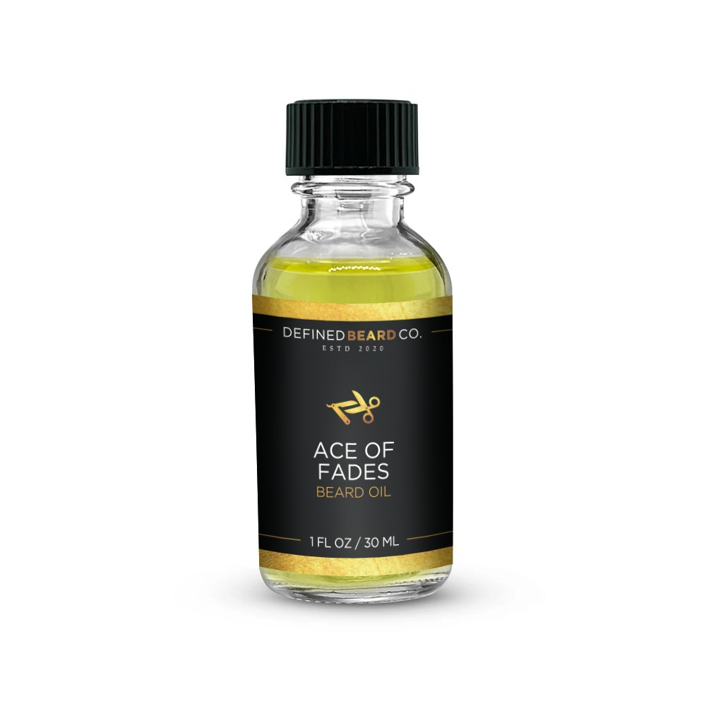 Ace Of Fades Beard Oil from defined beard co. Blended with Talcum, Egyptian Musk, Amber, Sandalwood, and Rum