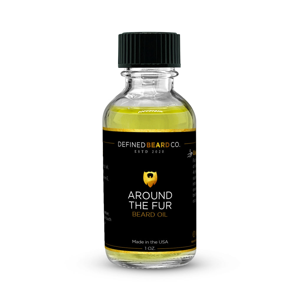Around The Fur beard oil from defined beard co. blended with Sugared Apricot, Amber, Redwood and just a touch of Sweet Blue Musk